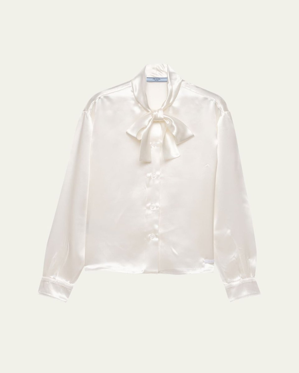 Satin Bow-Neck Button-Down Blouse